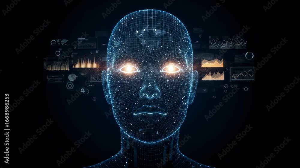 Poster digital human head with glowing eyes processing data on a screen interface reflecting artificial int