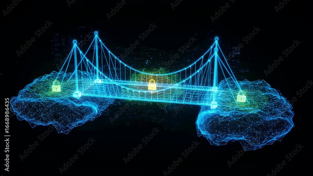 Aufkleber digital bridge made of glowing lines connecting two brain-like nodes with locks, representing secure