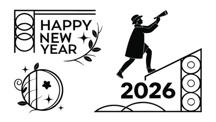 Minimal Black and White Happy New Year 2026 Typography Logo Set with Modern Number Designs, Stylish Fonts, and Minimalist Vector Illustrations
