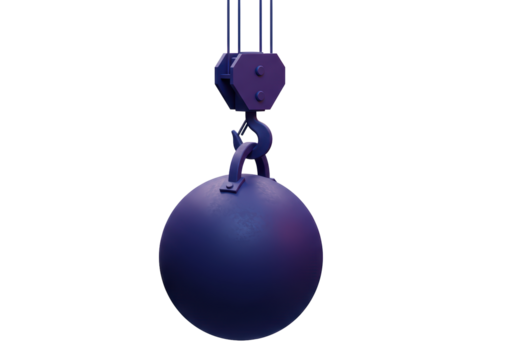 Isolated Wrecking Ball Suspended from Industrial Crane Hook Against White Backdrop