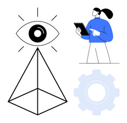 Eye atop pyramid outlines focus and vision person holds tablet emphasizing analysis gear illustrates process optimization. Ideal for strategy, innovation, technology, focus, teamwork, research
