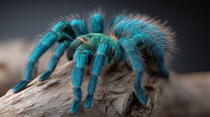 Vibrant blue tarantula rests on a rough piece of wood in a soft, diffused light