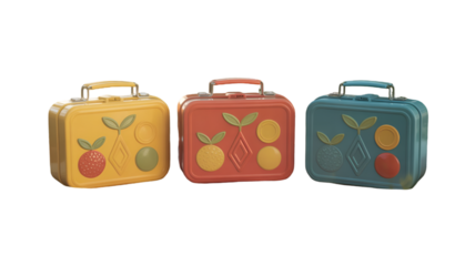 Three vintage fruitthemed lunchboxes isolated on transparent background