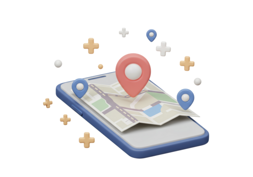 Isolated 3D Render of a Smartphone Displaying a Map with Location Pins and Surrounding Floating Geometric Shapes on a White Background