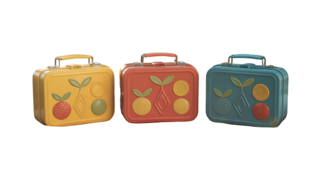 Three vintage fruitthemed lunchboxes isolated on transparent background - Powered by Adobe