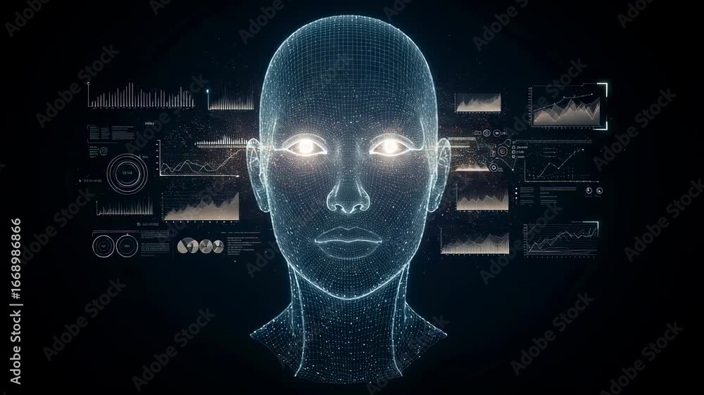 Poster woman artificial intelligence head with glowing eyes surrounded by data infographics. conceptual vis