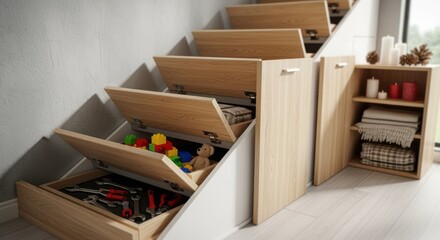 Spacesaving staircase with flipup step treads revealing hidden compartments offering versatile storage options for toys tools and seasonal essentials.
