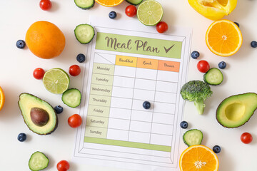 Meal plan with healthy food on white background. Diet concept