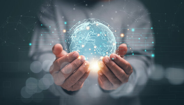 Futuristic digital globe held by human hands. Representing global technology. Innovation, data connection and internet network. Perfect for concepts of global communication and digital transformation.
