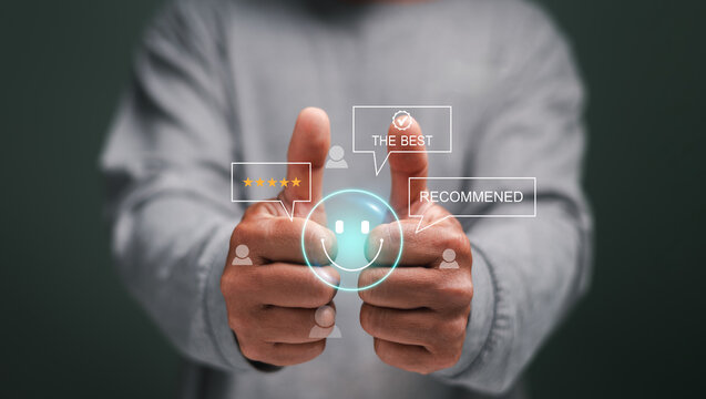 Customer satisfaction concept with double thumbs up. Smiley face icon and five-star review graphics. Ideal for marketing, business reputation, online feedback and product quality trust visuals.