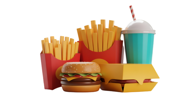 Fast food meal with burger, fries, and soda isolated on transparent background, a quick lunch