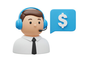 Isolated 3D Rendering of Cartoon Customer Service Representative with Headset and Speech Bubble with Dollar Sign Symbol for Finance, Business, and Technology Illustrations