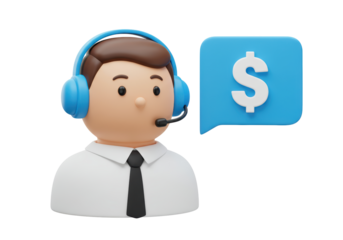 Isolated 3D Rendering of Cartoon Customer Service Representative with Headset and Speech Bubble with Dollar Sign Symbol for Finance, Business, and Technology Illustrations