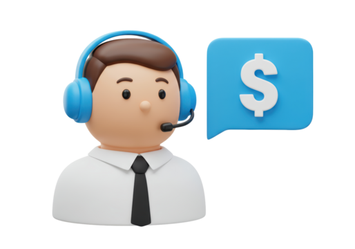 Isolated 3D Rendering of Cartoon Customer Service Representative with Headset and Speech Bubble with Dollar Sign Symbol for Finance, Business, and Technology Illustrations