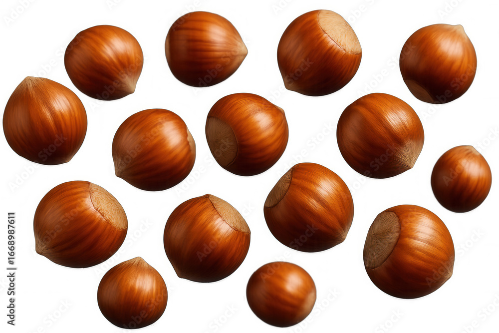 Poster hazelnuts falling gracefully against a transparent background, creating a visually dynamic and appet