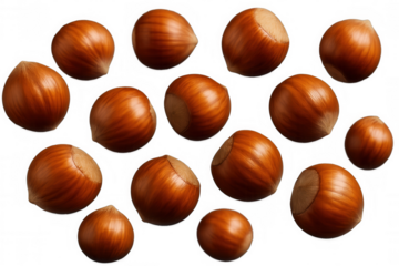 Hazelnuts falling gracefully against a transparent background, creating a visually dynamic and appetizing display of nature's bounty