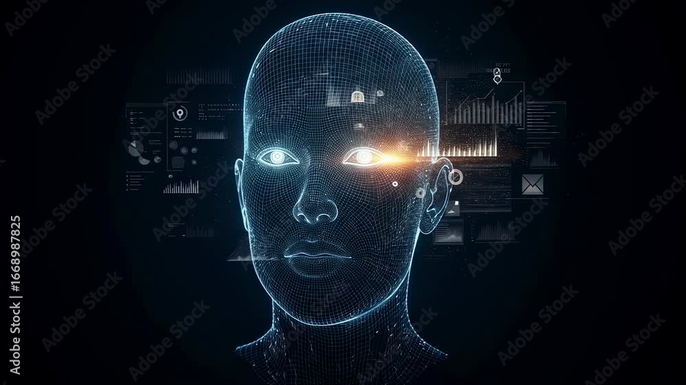 Aufkleber digital data analysis through an artificial intelligence woman face. ai machine learning and futuris