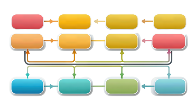 Process diagram scaffold featuring four swimlanes, rounded blank nodes, and directional arrows, consistent spacing, isolated on transparent background.
