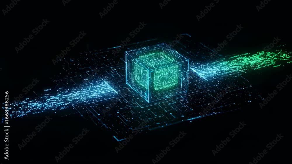 Aufkleber digital block on microcircuit, abstract network transferring green and blue data streams, technology