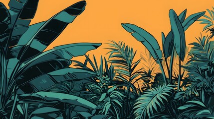 Vibrant Tropical Jungle Leaves Orange Background Botanical Illustration