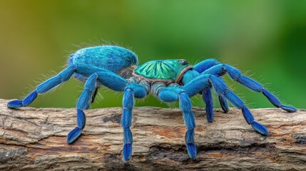 Vibrant blue tarantula crawls across a rough wooden branch against a blurred green backdrop