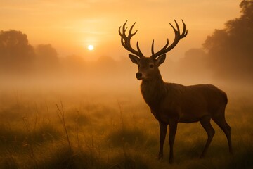 Red deer with large antlers standing in a foggy meadow during a golden sunrise, creating a serene and majestic atmosphere