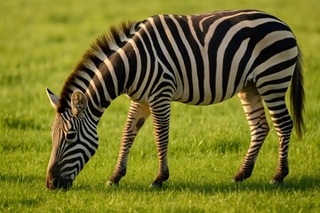 Plains zebra enjoying a peaceful meal in a vibrant green meadow, illuminated by the warm glow of the setting sun