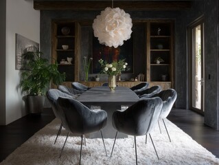 A dark and stylish dining room boasts a long, dark gray table with plush, sculpted velvet chairs, set against a backdrop of moody gray walls and a light-colored rug.
