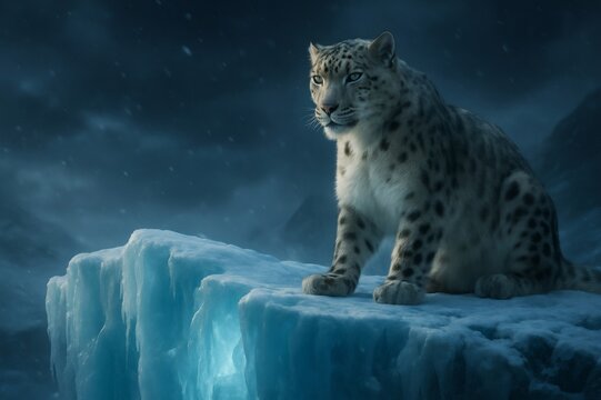 Majestic snow leopard resting on a snow covered ledge, with a mystical glow emanating from beneath, creating a captivating winter scene