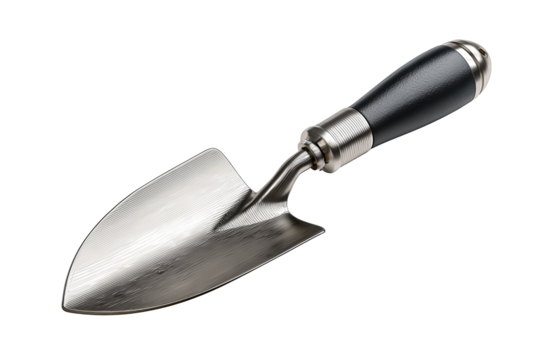 Stainless gardening trowel with satin brushed blade and soft rubber handle, crisp detail and clean geometry, isolated on transparent background.
