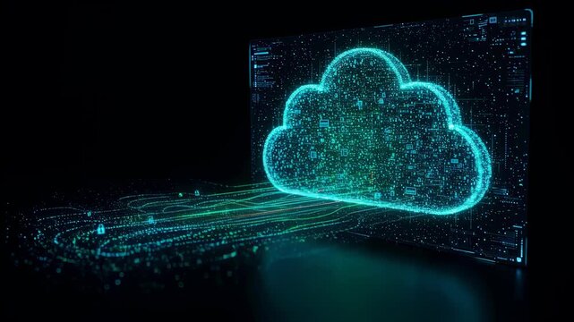 Digital cloud computing system with data transferring and security icons for network and internet technology footage.