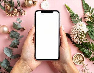 Hand Holding Smartphone Mockup with Blank Screen on pink Background 
