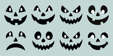 Halloween icon set. Pumpkin emoticons collection, jack-o-lantern faces in textured style. Vector