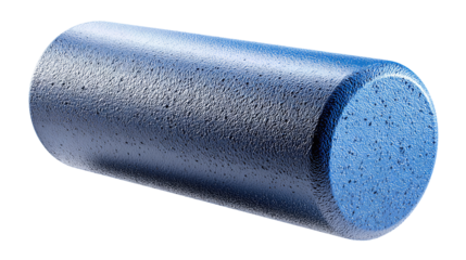 Foam roller for fitness, high-density EVA cylinder with fine closed-cell texture, horizontal layout, slight top-down angle, isolated on transparent background.
