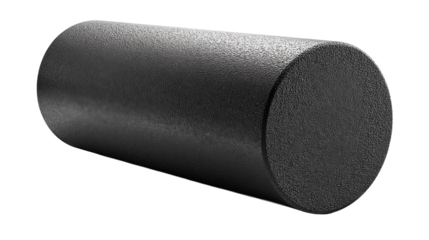 Foam roller for fitness, high-density EVA cylinder with fine closed-cell texture, horizontal layout, slight top-down angle, isolated on transparent background.
