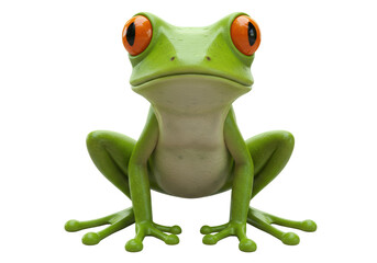 Isolated Close-Up of a Green Tree Frog with Striking Orange Eyes, Featuring Detailed Skin Texture and a Contemplative Expression on a White Background