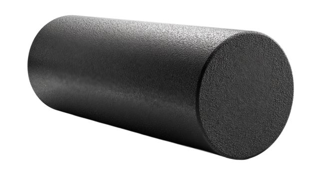 Foam roller for fitness, high-density EVA cylinder with fine closed-cell texture, horizontal layout, slight top-down angle, isolated on transparent background.
