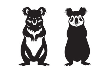 Stylized black and white illustrations of two standing marsupials