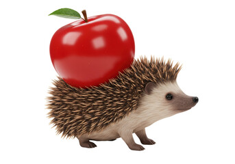 Isolated Adorable Hedgehog Carrying a Bright Red Apple on its Back, Depicting Wildlife Carrying Food and Cute Animal Behavior, Isolated on White Background