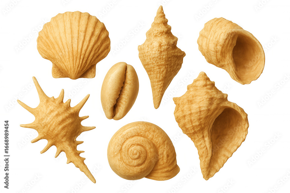 Poster diverse seashells displaying delicate textures, varied shapes resting on clean transparent surface, 
