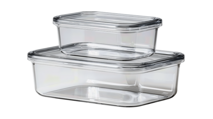 Food container set of three rectangular clear boxes stacked, plain lids without markings, balanced alignment, isolated on transparent background.
