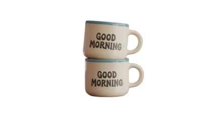 Two stacked mugs with the words good morning isolated on transparent background