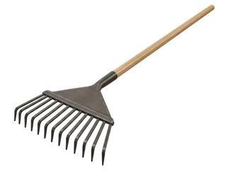 Isolated Brown Metallic Garden Rake with Wooden Handle for Yard Work and Leaf Gathering on White...