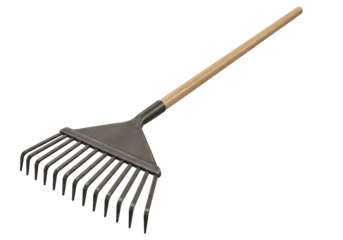 Isolated Brown Metallic Garden Rake with Wooden Handle for Yard Work and Leaf Gathering on White Background