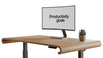 Modern desk with monitor displaying productivity goals isolated on transparent background