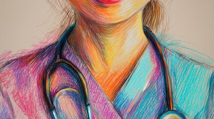 Close up colorful pencil drawing portrait of a young female doctor wearing stethoscope, healthcare and medical concept
