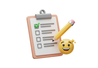 Isolated Checklist Clipboard with Pencil and Positive Smiley Face Emoji Indicating Success and Completion on a White Background