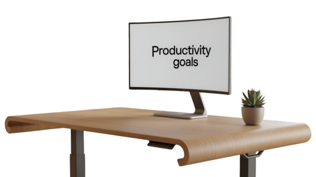 Modern desk with monitor displaying productivity goals isolated on transparent background