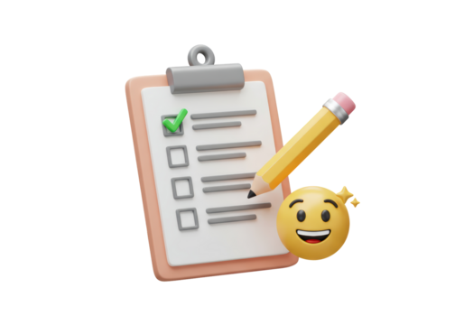 Isolated Checklist Clipboard with Pencil and Positive Smiley Face Emoji Indicating Success and Completion on a White Background