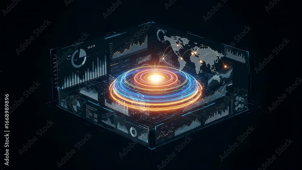 Aufkleber futuristic interface with spinning core and global data visualization. augmented reality dashboard s